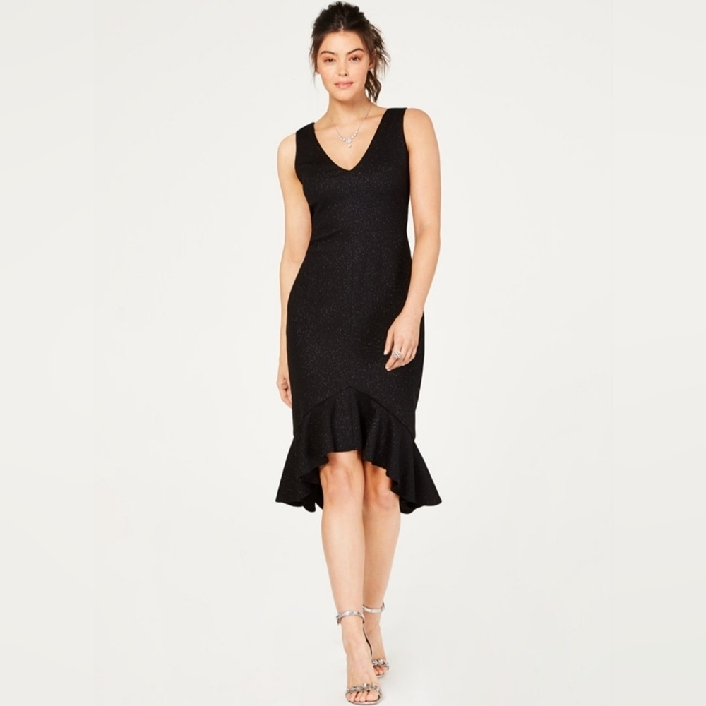 Vince Camuto Flounce-Hem Black Midi Dress - Picture 1 of 12